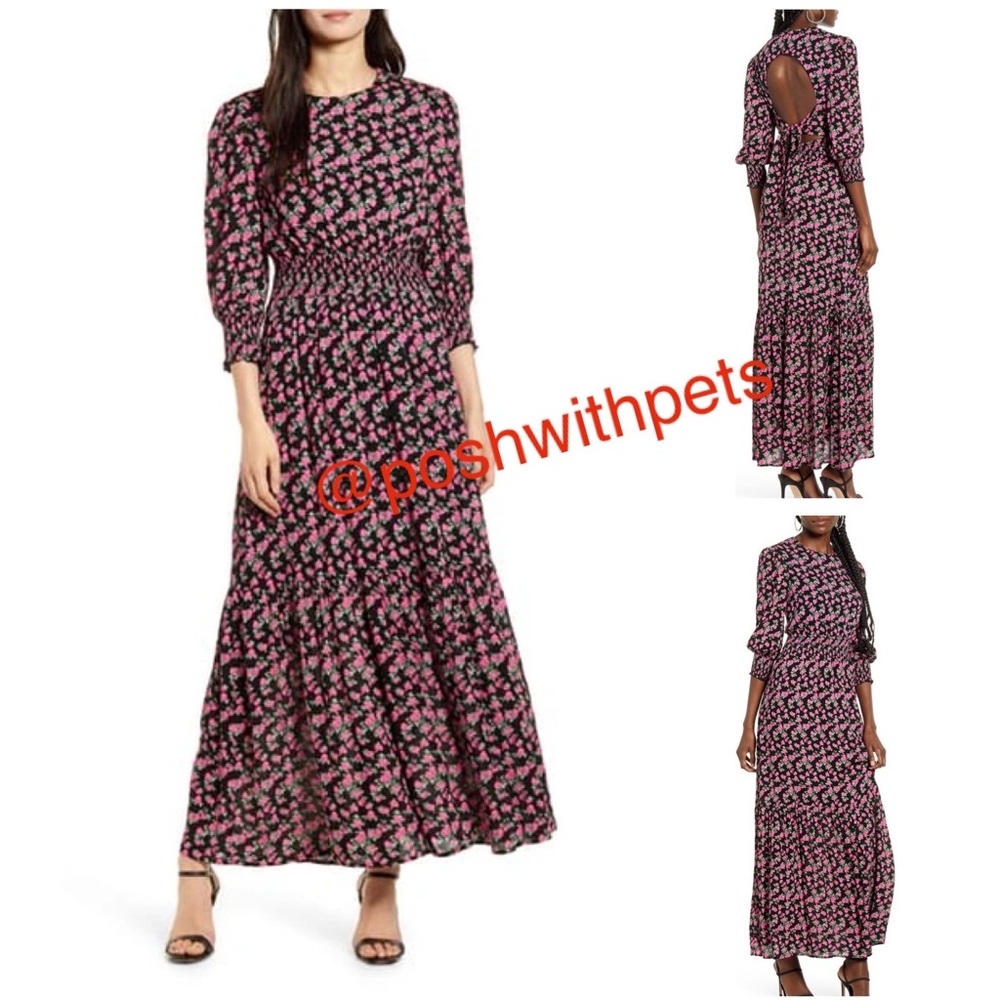 WAYF NWT Cambridge Tie Back Smock Waist Floral Maxi Dress Black & Pink Small New